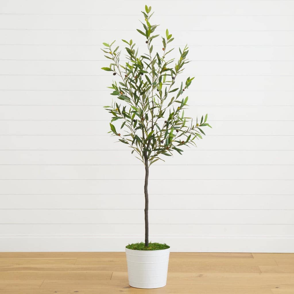 70” Olive Artificial Tree in White Tin Planter | Rental 70” Olive Artificial Tree in White Tin Planter | Rental