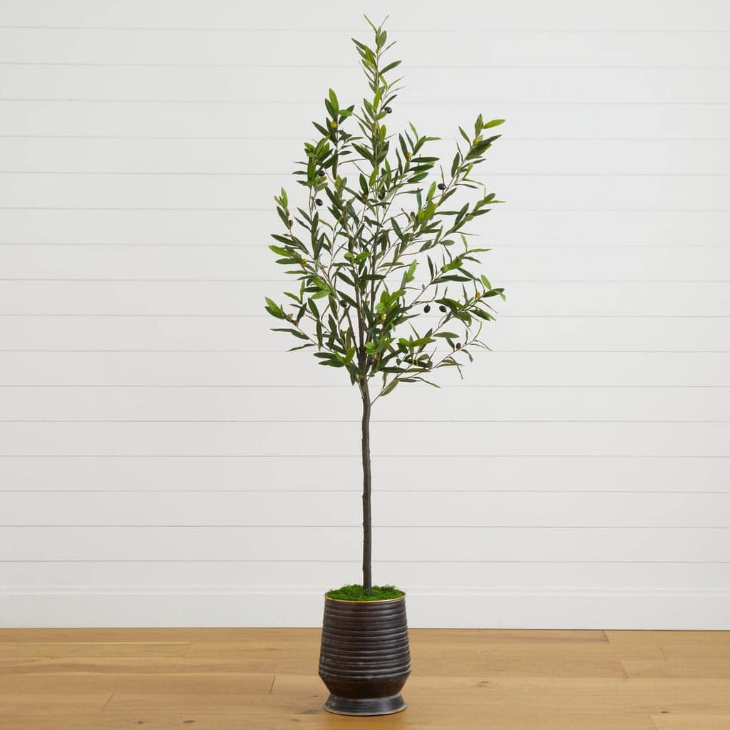 75” Olive Artificial Tree in Ribbed Metal Planter | Rental 75” Olive Artificial Tree in Ribbed Metal Planter | Rental